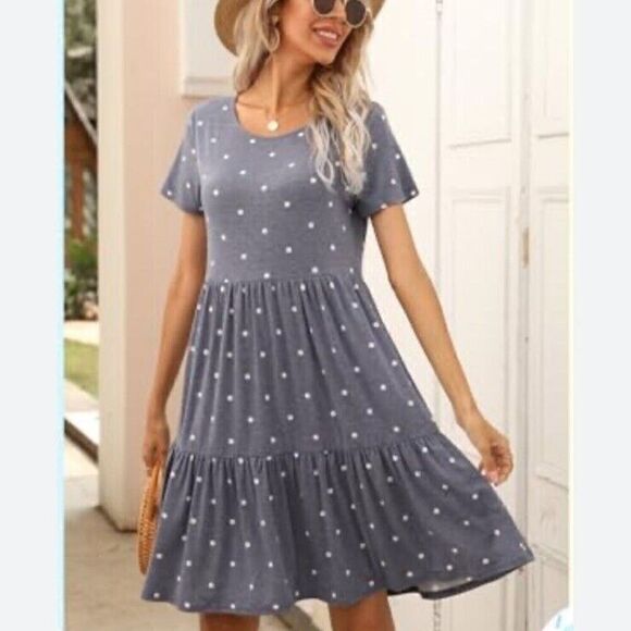 Raglan Dress Blue with white polka dot Women’s size XL Swing Comfy Tiered - Picture 3 of 14